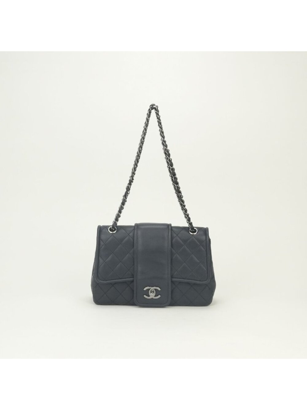 Chanel Quilted Shoulder Bag Lambskin Navy Blue Silver Double Chain S Flap CC